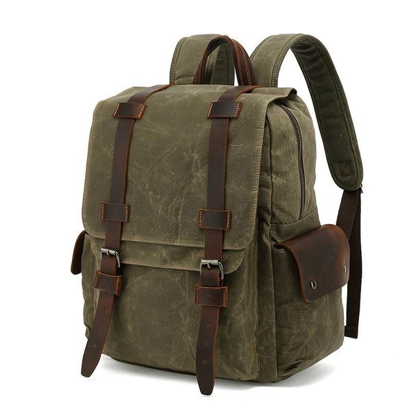 

backpack crazy horse leather casual travel men's shoulder wax canvas bag schoolbag