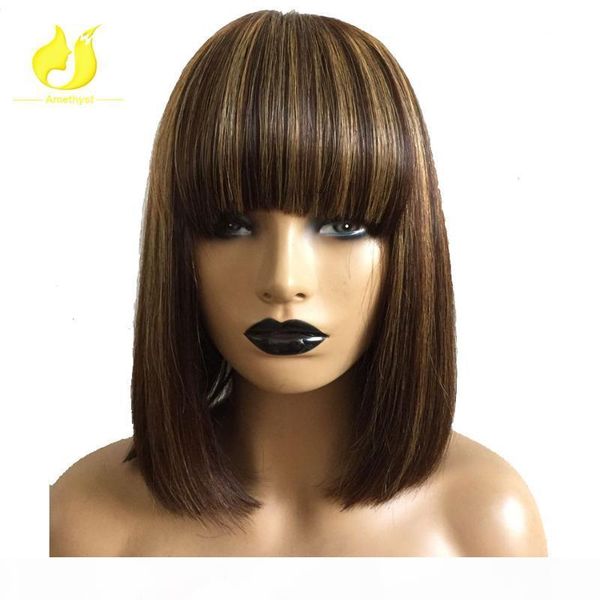 

amethyst brown with highlight blonde human hair short bob silk lace front wigs with bang ombre highlight short cut lace wigs, Black;brown