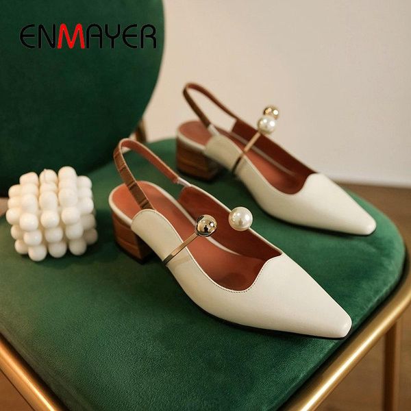 

dress shoes enmayer 2021 genuine leather ladies basic casual slip-on round toe square heel women high heels pearl woman 34-40, Black