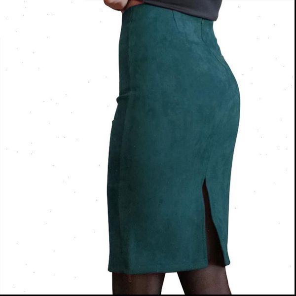 

women skirts suede solid color pencil skirt female autumn winter high waist bodycon vintage suede split thick stretchy skirts, Black