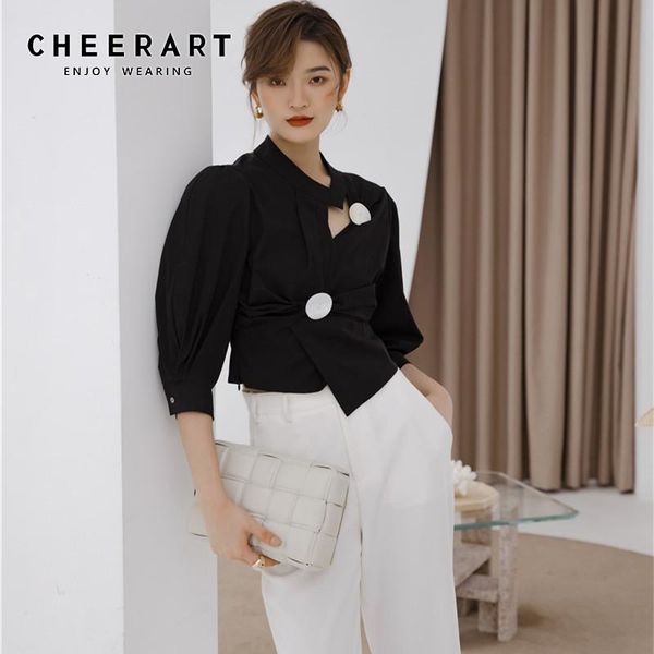 

cheerart designer black crop women puff sleeve button long sleeve blouse asymmetrical ladies button 2021 fashion clothes, White