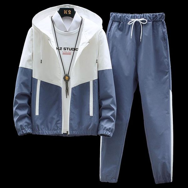 

men's tracksuits casual fashion spring&autumn color blocking sports suit hoodie jacket+trousers two-piece set oversized 5-6xl, Gray