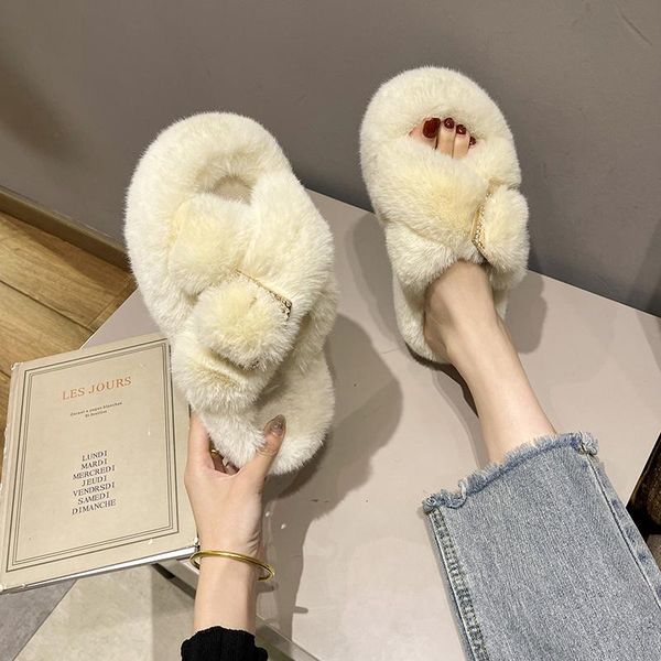 

slippers women's plush indoor designer slides faux fur flip flops platform sandals plus size fashion winter shoes women, Black