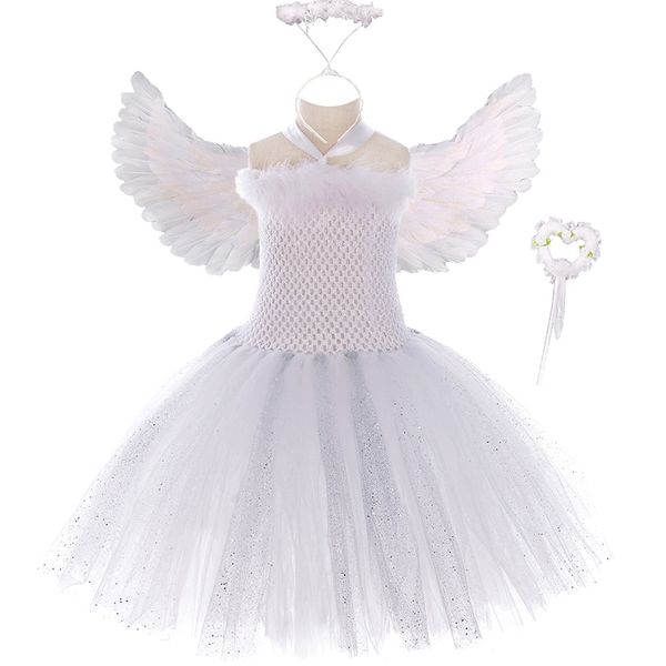 Sparkly Pure White Angel Tutu Vestido Pena Asa Wands Outfits Fantasia Crianças Vestidos Anjo Traje Para Meninas Roupas de Festa de Aniversário 210303