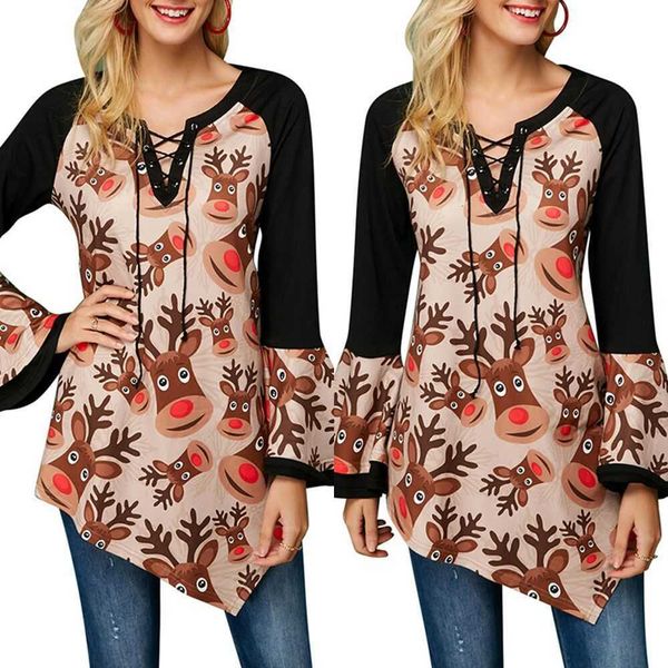 

women's t-shirt christmas flare long sleeve t-shirt v neck cross lace up cartoon elk print slim xmas casual irregular hem pullover wj2, White