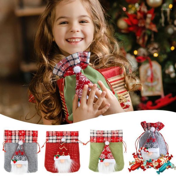 Decorazioni natalizie 1pc Sacco di Babbo Natale Bambini Regali di Natale Calza di caramelle Borsa con coulisse Natale Lino stampato