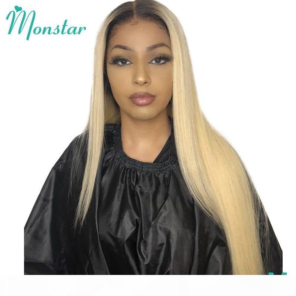 

monstar 150% density brazilian remy straight human hair wigs 2 tone dark roots 1b 613 ombre blonde lace front wig with baby hair, Black