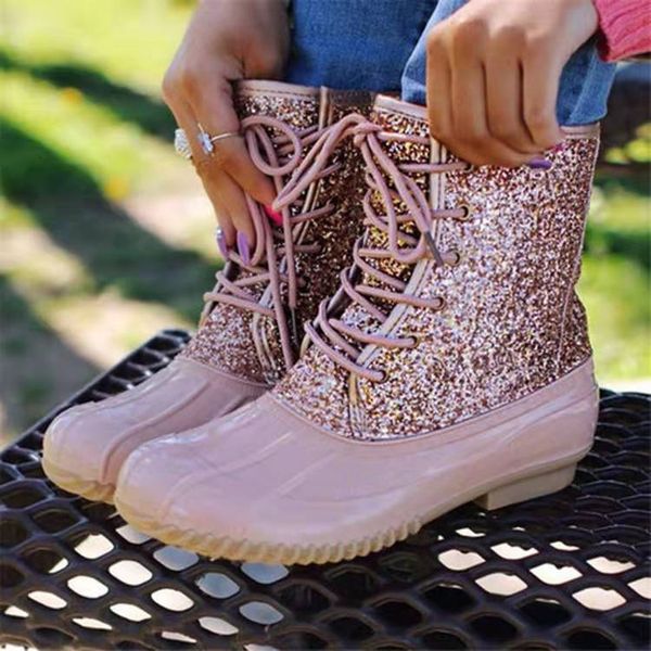 

new 2021 leopard for lady boot waterproof women rain boots lace up ankle shoes christmas winter shoes35-43 vroo, Black