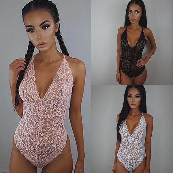 

women's jumpsuits & rompers summer solid skinny lace bodysuits women 2021 deep v backless embroidery bodysuit flower, Black;white