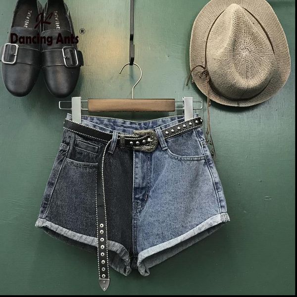 

woman jeans shorts high waist wide leg loose korean style solid and patchwork color short trousers casual femal denim shorts, White;black