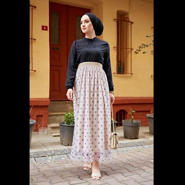 

skirts polka dot tulle skirt 2021 woman fashion, french, light skirt, elastic skirt,long, maxi, mÃ¼slim, hijab, turkey, woman's, Black