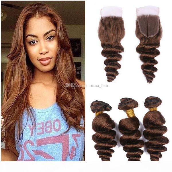 

brazilian virgin hair weaving 3 bundles loose wave hair weave with lace closure #4 middle brown loose deep wave with closure, Black;brown