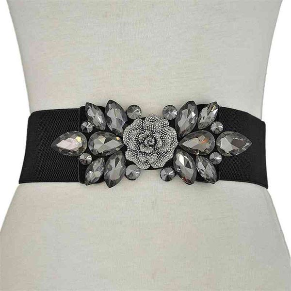 

2021 low price wholesale wedding party women fashion floral buckle rhinestone elastic wide clinch belt, Black;brown