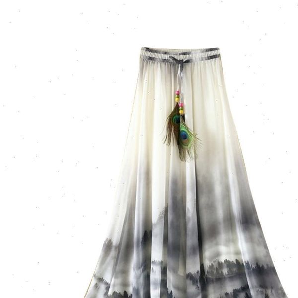 

new summer beach bohemian women chiffon flower print drawstring maxi long skirt drop shipping good quality, Black