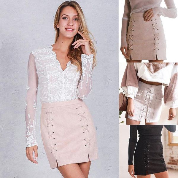 

skirts hirigin women casaul solid high waist lace up suede leather pocket short mini split holiday, Black