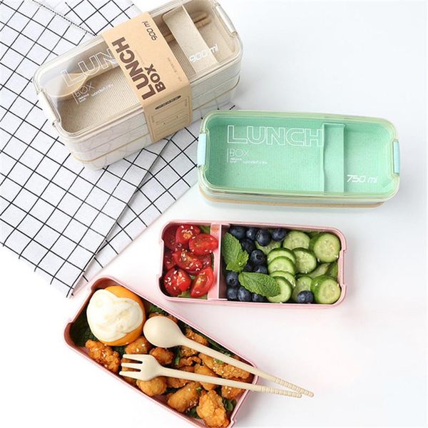 

900ml kichen healthy material lunch box 3 layer wheat straw bento boxes microwave dinnerware storage container lunchbox