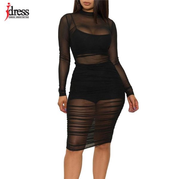 

casual dresses idress 3 pieces set women solid mesh see through design ruched lining dress stretch & club black night out bodycon, Black;gray
