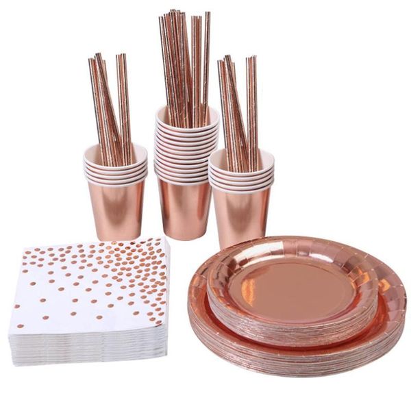 

disposable dinnerware 146 pcs rose gold dot party tableware paper plates and napkins cups for wedding bridal shower engagement birthday
