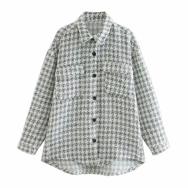 

women's wool & blends fad women vintage houndstooth plaid woolen coat femme long sleeve double pockets patch casual jacket chic, Black