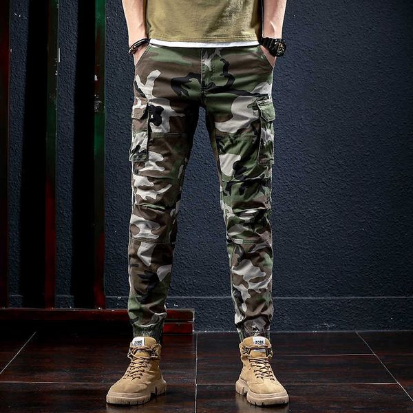 

men's jeans fashion streetwear spliced designer big pocket casual cargo pants hip hop joggers camouflage ankle banded zej5, Blue