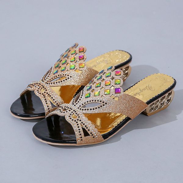 

2021 new women summer open toe chunky heel sandals fashion bling rhinestones beach flip flops slip on outside slides shoes woman fy6d, Black