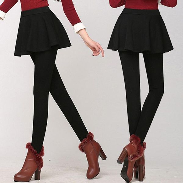 

women's pants & capris women slim leggings skinny high waist plus velvet thicken stretch pencil trousers with skirt fake two pieces, Black;white
