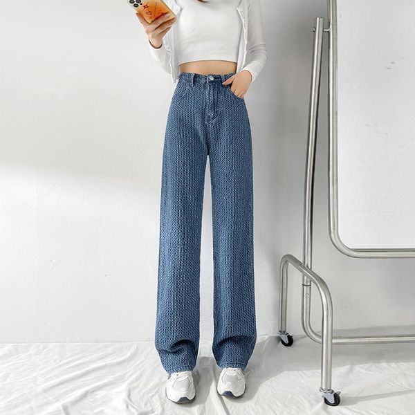 

women's jeans 2021 summer high waist straight pants retro jacquard denim temperament fashion loose slim trend, Blue