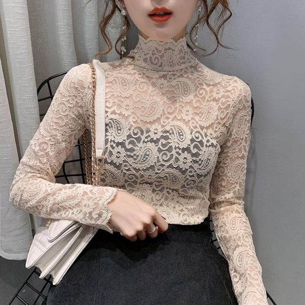 

white women blouse lace hollow turtleneck shirt korean long sleeve fashion female shirts blusas femininas 1007