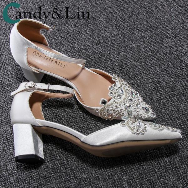

sandals lady designs colorful crystal stone pointed toe thick heels 5cm 7cm casual beautiful wedding party bride date shoes, Black