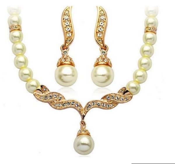 

2021 jewelry set for wedding crystal rhinestone tear drop-shaped fashion jewelry pearl necklace pendants earring party jewelry sets, Silver