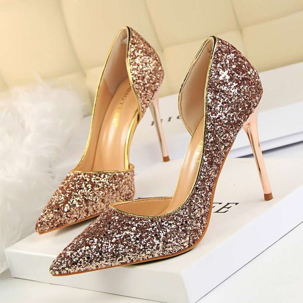

868-8 style nightcb show thin women's heel high shallow mouth pointed side hollow sequin single, Black