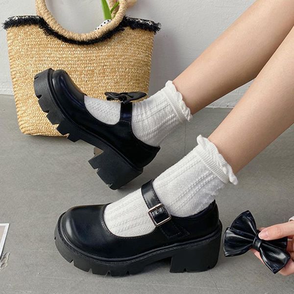 

dress shoes rimocy kawaii bow high heel mary janes women japanese platform cosplay student woman patent leather buckle lolita, Black