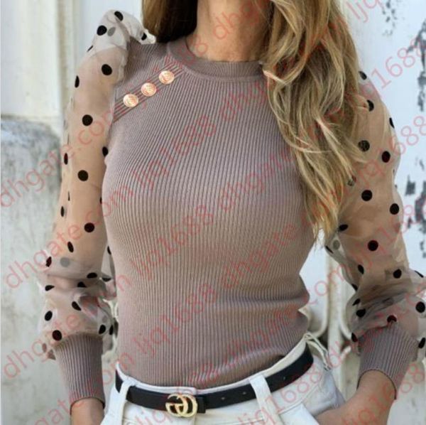 

mesh puff sleeved designer tshirts women button panelled sweet slim dots crew neck tshirts womens fashion tees, White