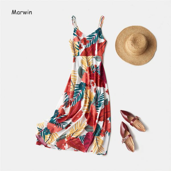 Marwin primavera estate stile spiaggia senza maniche cinturino per spaghetti impero a-line alla caviglia floreale con scollo a V abiti da donna 210302
