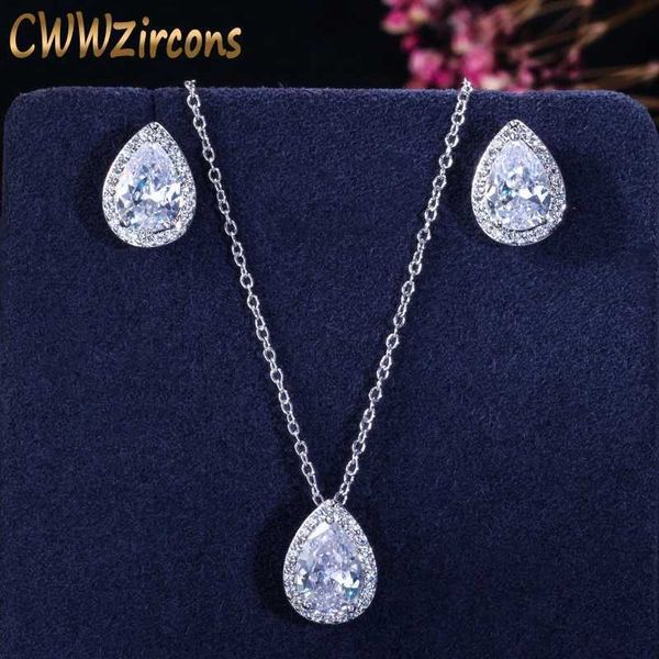 

tear drop design simple fashion pear cut cubic zirconia necklace pendant and earrings jewelry sets for women t058 210714, Silver