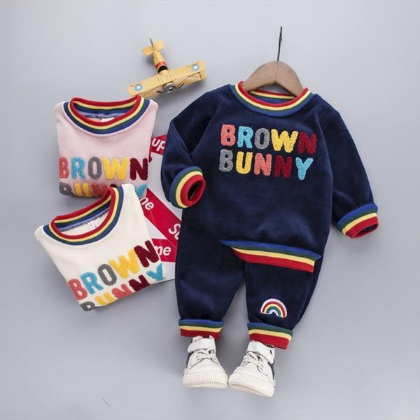 

winter baby boy cotton clothes children letter warm t shirt pants 2pcs sets infant outfit kids velvet toddler casual tracksuits, White