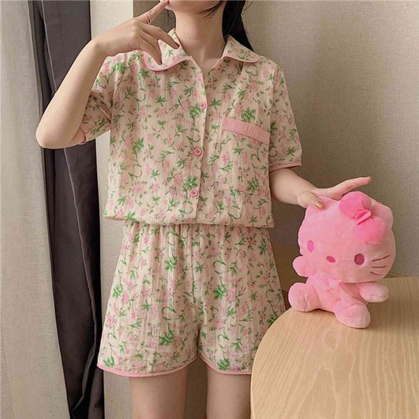 

color matching pajamas set womens sleepwears summer cotton floral print pjs pyjamas fashion short sleeved shorts suits homewear l110, Black;red