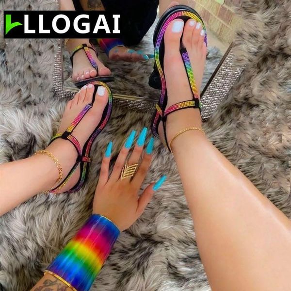 

llogai new women sandals brief flat heel rainbow color sandals summer holiday weekends beach sand shoes plus size, Black
