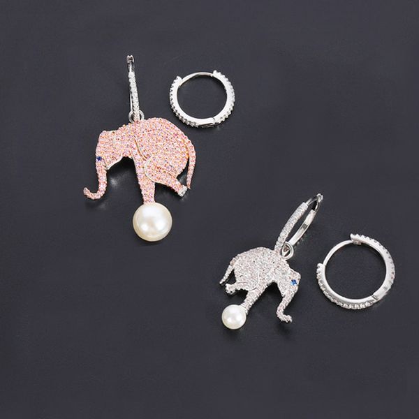 

s925 sterling silver circular hoop auspicious pink elephant large small asymmetric earrings personality fashion luxury jewelry monaco earrin, Golden;silver