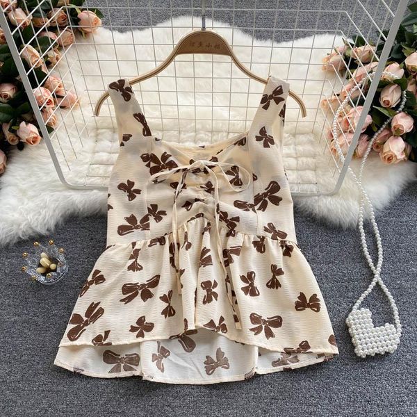 

women's blouses & shirts singreiny sweet bow print tank women sleeveless drawstring v neck blouse 2021 summer casual loose streetw, White