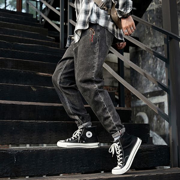 

2021 new korean style fashion loose fit denim harem pants streetwear embroidery designer elastic hip hop jeans men rwwp, Blue