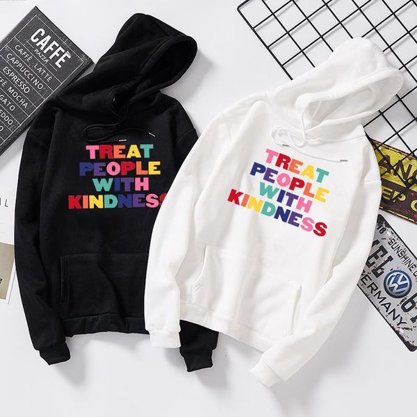 

treat people with kindness vintage ulzzang harry styles fine line women long-sleeved letter casual harajuku hooded sweatshirt, Black