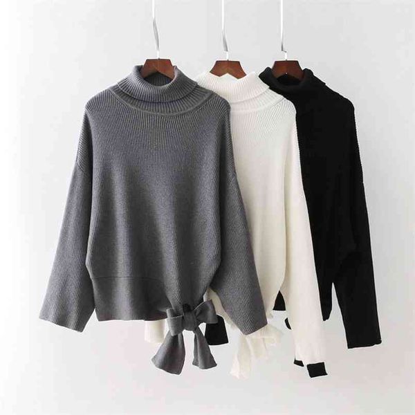 

spring arrival women sweaters and pullovers all-match turtleneck solid color butterfly knot knit sweater 210527, White