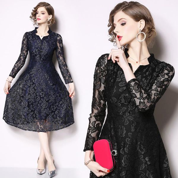 

casual dresses elegant vintage fashion women lace slim tunic high waist evening party dress lady v neck long sleeve big swing, Black;gray