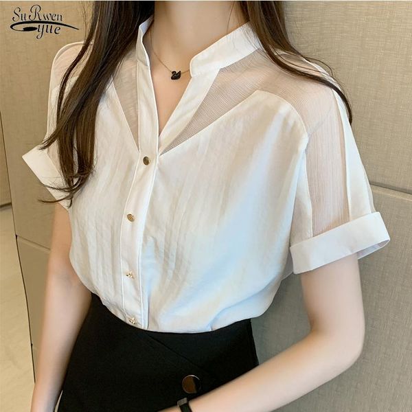 

summer v-neck white shirt women chiffon clothing solid short sleeve mesh blusas mujer de moda 2021 office lady blouse 9635