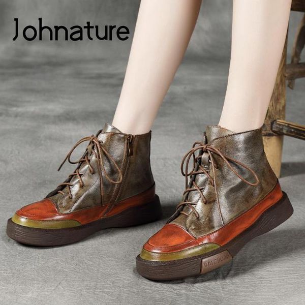 

boots johnature 2021 winter women genuine leather mixed colors shoes zip round toe lace-up retro ankle platform, Black