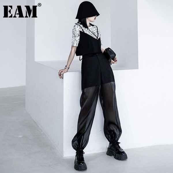 

women's pants & capris [eam] black casual pockets spliced mesh high waist trousers loose fit full women fashion tide spring summer 2021, Black;white