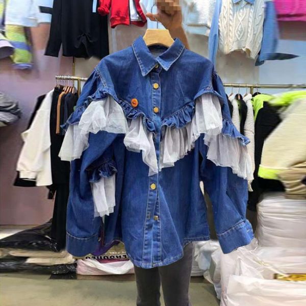 

women's jackets autumn winter women denim jacket ruffle jeans coat vintage turn down collar outerwear femme, Black;brown