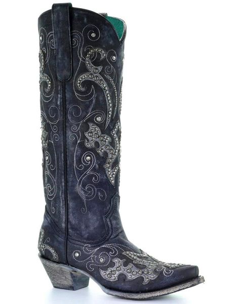 

boots women's tall studded overlay & crystals cowgirl - snip toe, Black