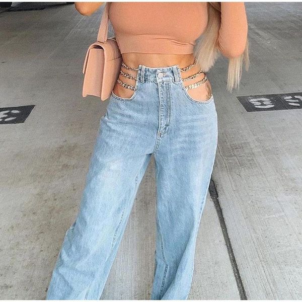 

women's jeans 2021 summer high waist women washed chain straight side hollow patchwork blue long pants zipper pocket denim trousers